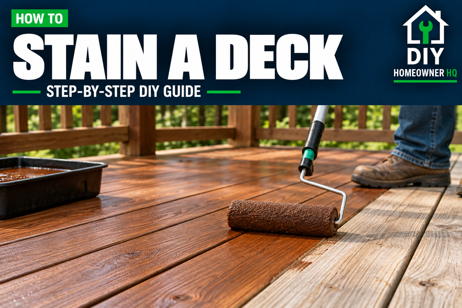 Rolling on stain onto a deck. 