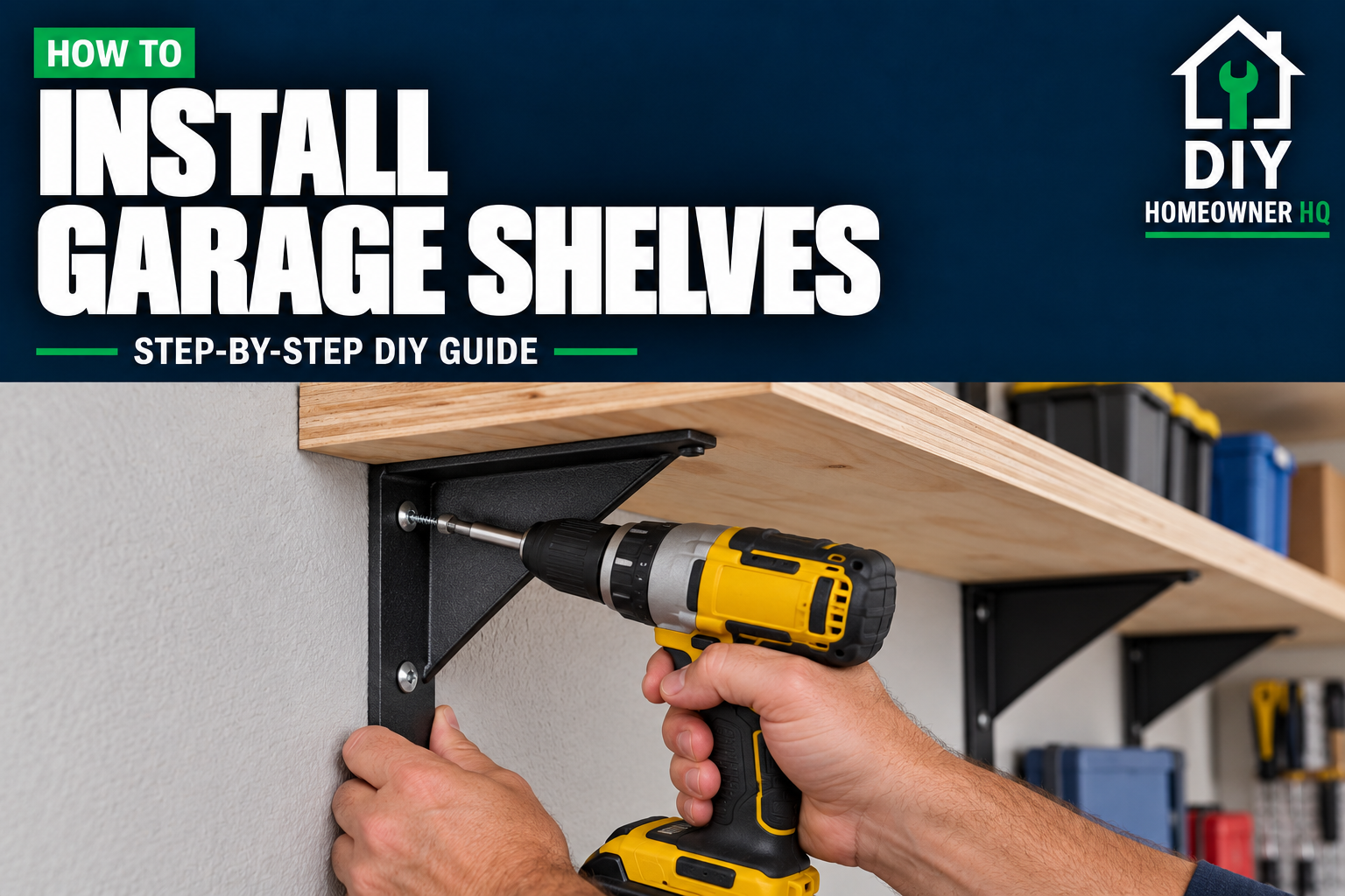 Screwing in brackets to hold up garage shelving. 