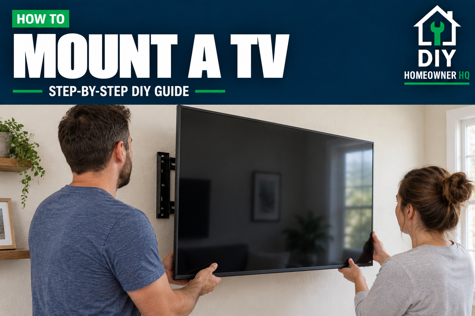 Two people lifting a tv to mount it onto the wall